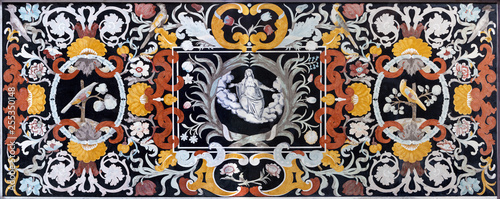 MODENA, ITALY - APRIL 14, 2018: The stone floral mosaic  (Pietra Dura) in church Abbazia di San Pietro by Felice Giannelli (1680 -1690). © Renáta Sedmáková