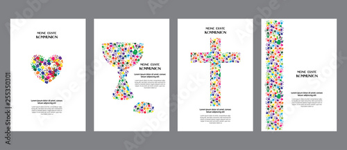 Classic, universal kids hand prints rainbow religious template poster, flyer, invitation card My first communion in german language