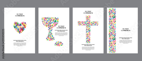 Foto Classic, universal kids hand prints rainbow religious template poster, flyer, invitation card My first communion