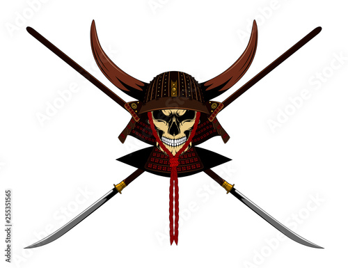 Samurai skull in helmet with horns and weapons. Color vector image on a white background.