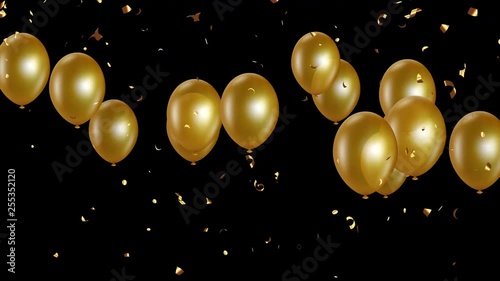 Holiday seamless gold flying balloons and shining confettis with Alpha channel. Looped 4K motion graphic.