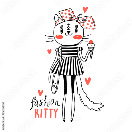 Fashion kawaii kitty. Vector illustration of a cat in fashionable clothes. Can be used for t-shirt print, kids wear design, baby shower card