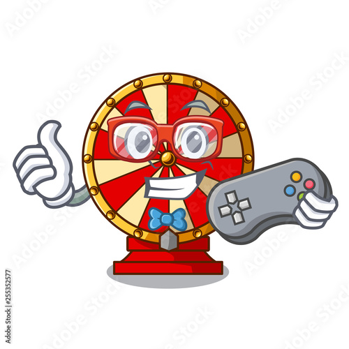Gamer spinning wheel beside wooden cartoon table