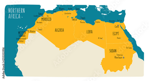 Colorful hand drawn political map of Northern Africa with English labeling.