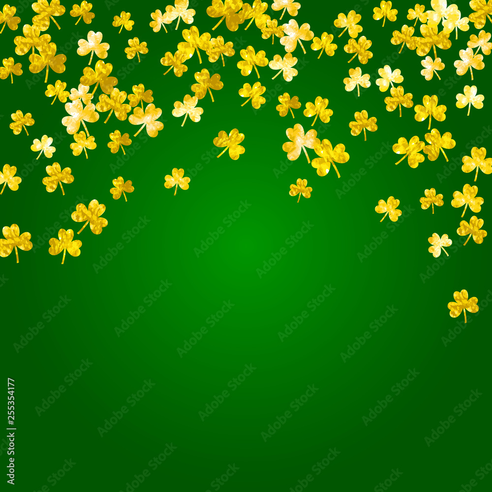 Shamrock background for Saint Patricks Day. Lucky trefoil confetti. Glitter frame of clover leaves.	 Template for poster, gift certificate, banner. Holiday shamrock background.