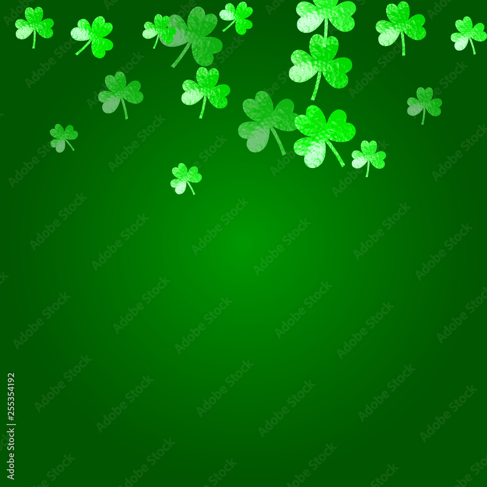 St patricks day background with shamrock. Lucky trefoil confetti. Glitter frame of clover leaves. Template for party invite, retail offer and ad. Festal st patricks day backdrop.
