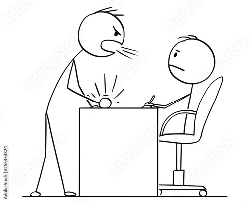 Cartoon stick figure drawing conceptual illustration of man or businessman yelling or screaming at boss, clerk or subordinate sitting behind office desk or table.