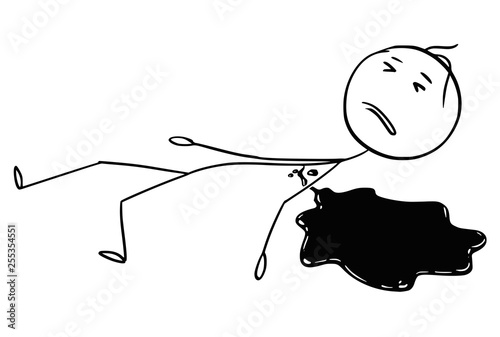 Cartoon stick figure drawing conceptual illustration of dead or killed man or crime victim lying on ground or floor in pool of blood.