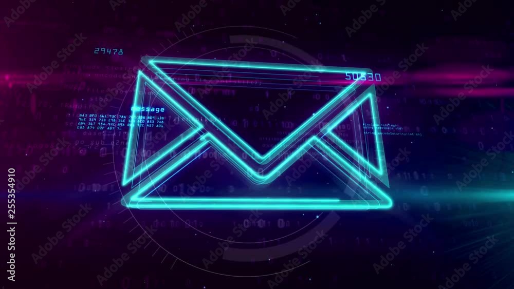 E-mail communications in cyberspace with envelope hologram symbol on digital background. Digital message icon abstract concept.