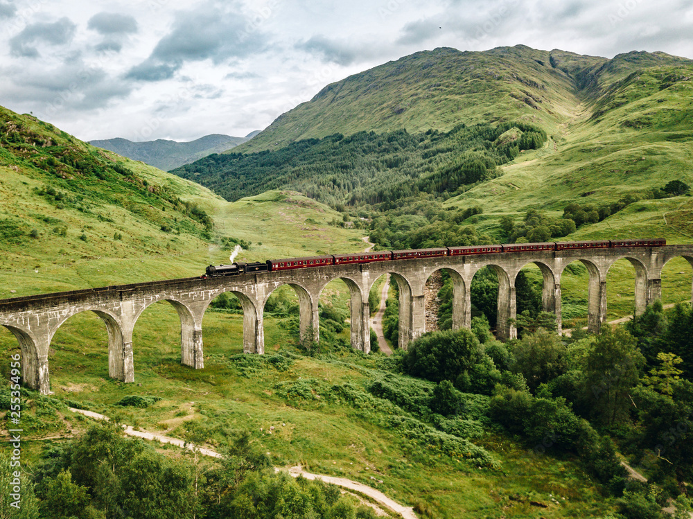 Steam train on viaduct in mountains