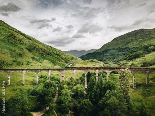 Steam train on viaduct in mountains