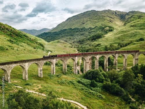 Steam train on viaduct in mountains