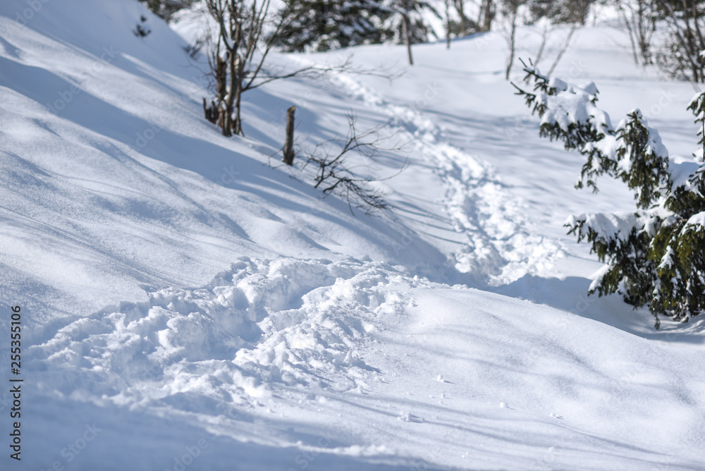 Mountain path in the snow in the mountains. Mountain path in the snow in the mountains.