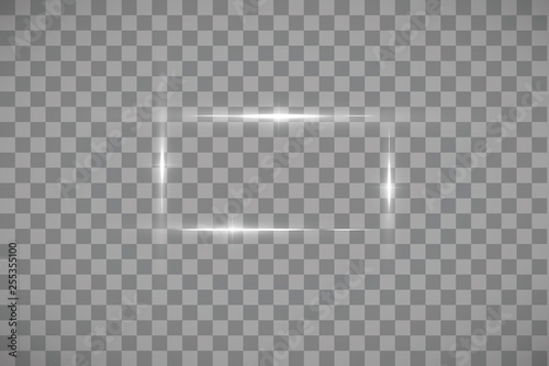White frame with lights effects. Shining luxury banner vector illustration. Glow line white frame with sparks and spotlight light effects. Shining rectangle banner isolated on black transparent