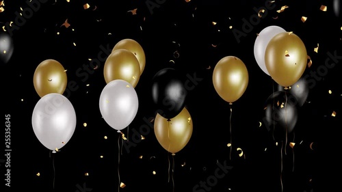 Holiday seamless background with golden white and black flying balloons and shining confettis with Alpha channel. Looped 4K motion graphic.