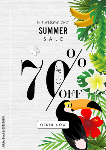 Summer sale background with paper art of summer accessories, vector illustration template, banners, Wallpaper, invitation, posters, brochure, voucher discount.