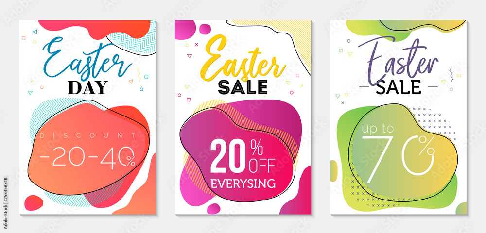Collection of three sale vouchers to Easter Day. Colorful dual-gradient liquid forms and geometric elements on background