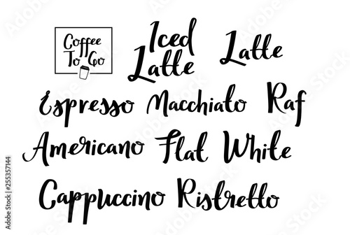 Coffee types calligraphic set. Handwritten typographic collection.