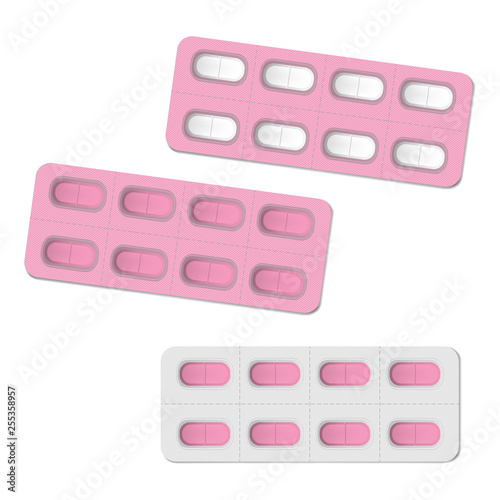 Medical pill blister packages with individual detachable cells, pink color set. Oblong medicine tablets pharmaceutical packaging, realistic vector template