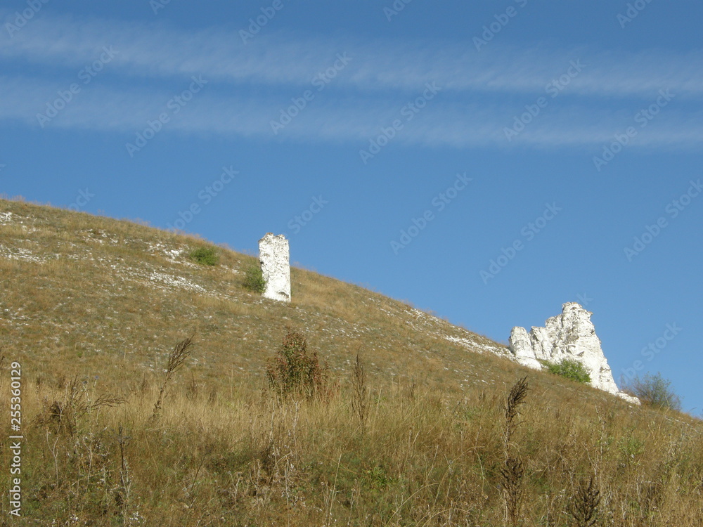 Limestone outcrops in nature reserve museum Divnogorye (Miracle Mountains) in Liskinsky District, Voronezh Oblast, Russia
