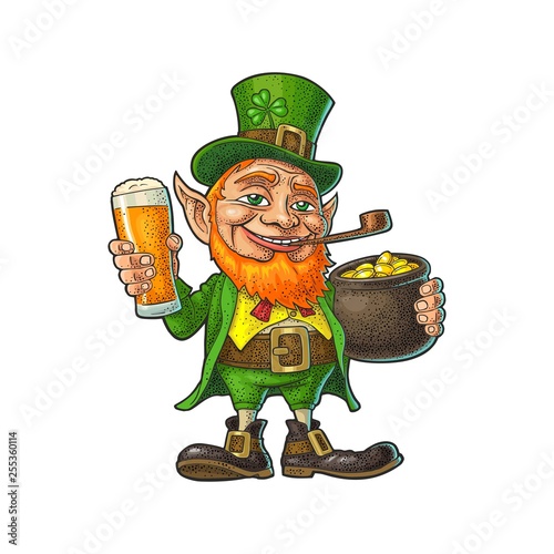 Leprechaun holding beer glass and pot of gold coins. Vector illustration.
