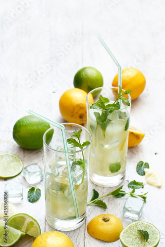 Homemade refreshing drink with lemon and lime juice and mint