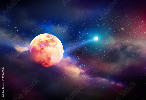 Fototapeta Naklejka Na Ścianę i Meble -  Dark night sky with planet, stars and full moon.