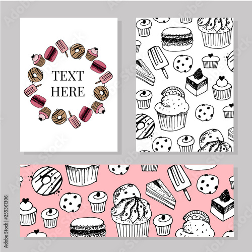 Bakery shop or pastry patisserie banners and posters templates set. Vector dessert cakes and pastry cupcakes, chocolate biscuits or brownie and tiramisu, fruit pies and puddings or ice cream for cafe