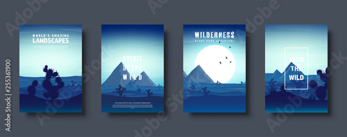 Desert trip. Extreme tourism and travelling. Back to nature. Sands. Exploring Africa. Horizont line with sky. Mountaines. Vector illustration.