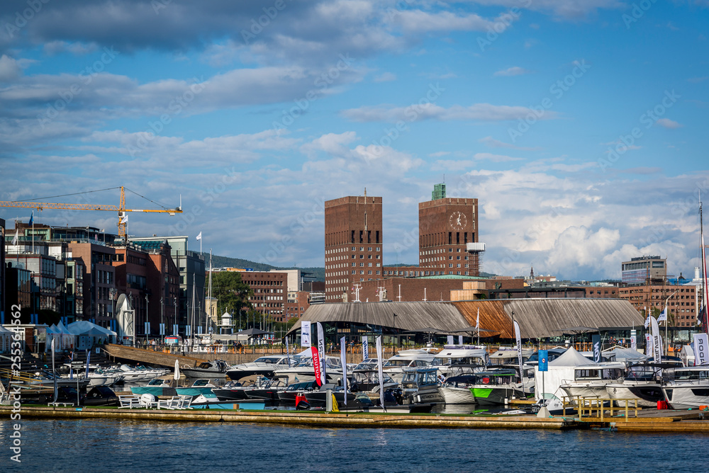 Aker Brygge neighbourhood, View of the harbour and Town Hall, Oslo, Norway