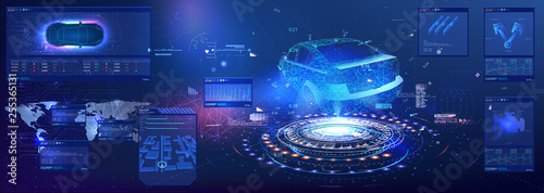 Car service in the style of HUD UI GUI . Hologram of the car. Car projection. Car auto service, modern design, diagnostic auto. virtual graphical interface