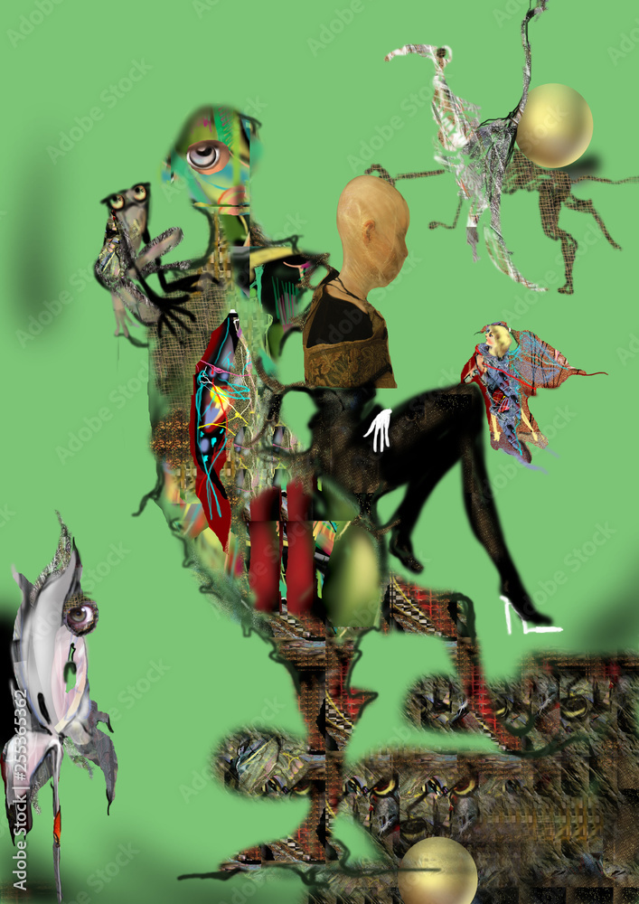 scary weird girl sitting on weird chair of abstract form, green