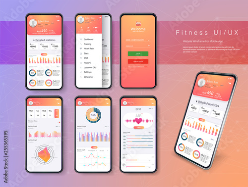 Different UI, UX, GUI screens fitness app and flat web icons for mobile apps, responsive website including.User interface design elements set minimal red yellow color,  ready templates fitness tracker