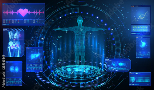HUD UI GUI  element ui medical examination. Display a set of virtual interface elements. Health technology. MRT futuristic scanning , human body, organs scan Kidneys, liver, heart, lungs, stomach.