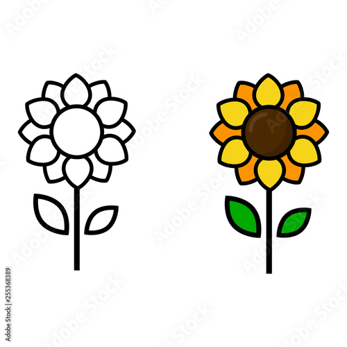 cartoon cute sunflower vector outline and colored