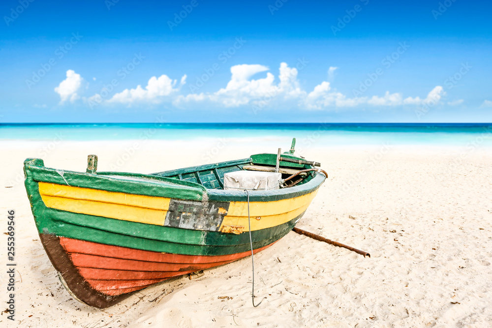 Summer boat on beach and sea landscape Summer boat on beach and sea landscape