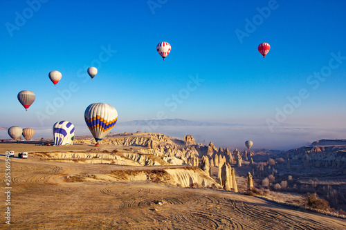 Beautiful sunrise view from balloon at Cappadocia, Turkey.