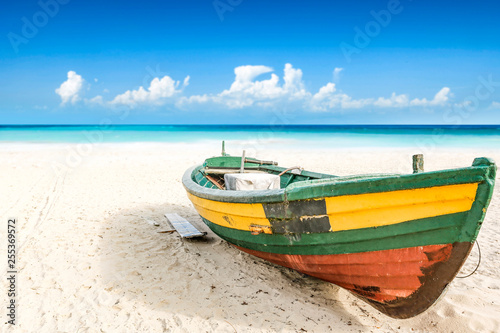 Summer boat on beach and sea landscape 