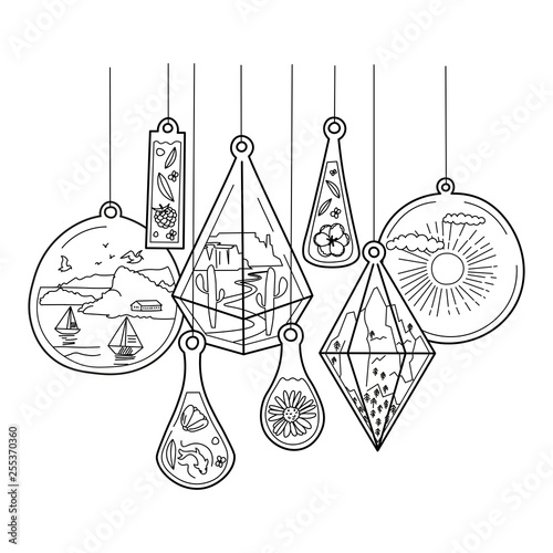 Set of hand drawn florarium glass with landscapes: mountains, sea, desert, plants and flowers vector illustration.