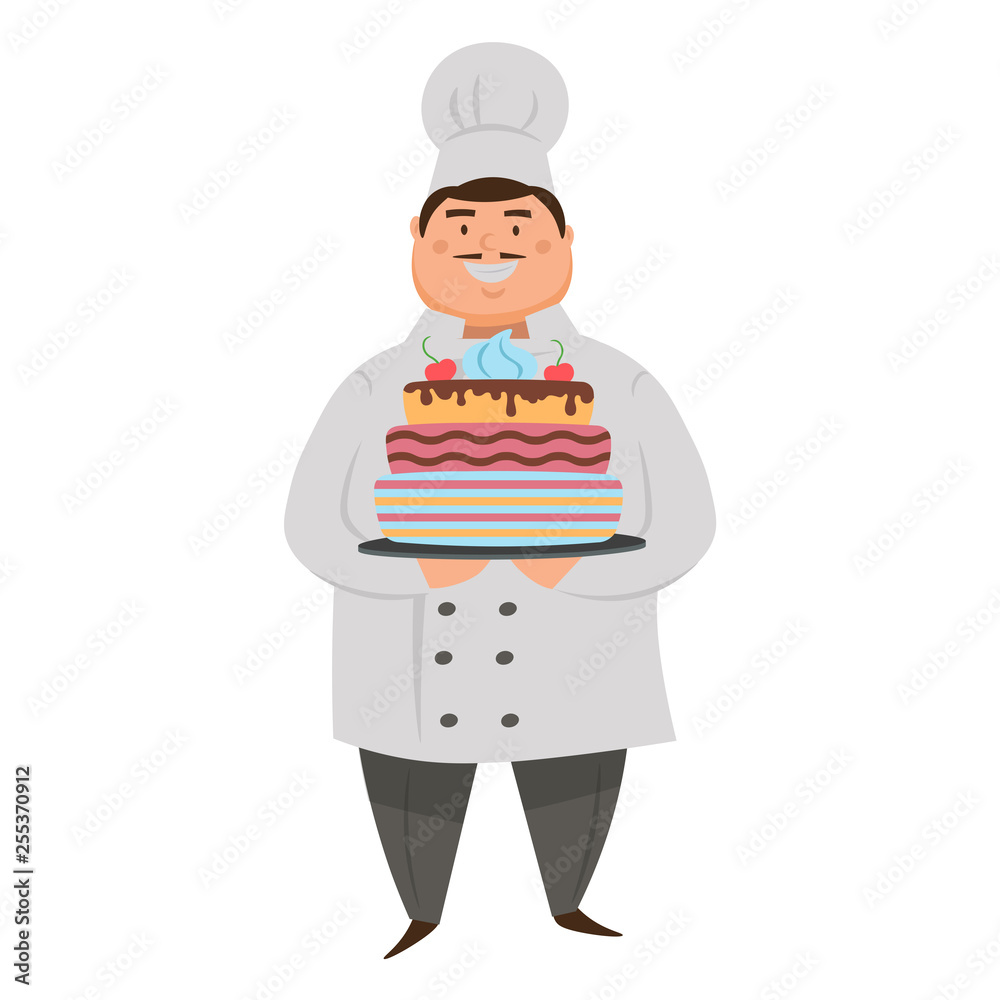 Flat cartoon character chef with a cake. Vector illustration. Flat cartoon character chef with a cake. Vector illustration.