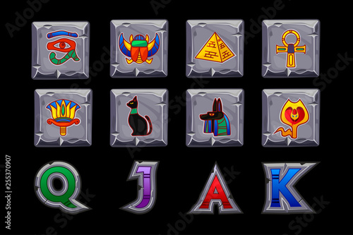 Egypt Slots icons on stone square. Game casino, slot, UI.