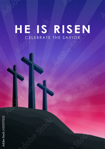 Christian easter scene, Saviour cross on dramatic sunrise scene, with text He is risen, vector illustration