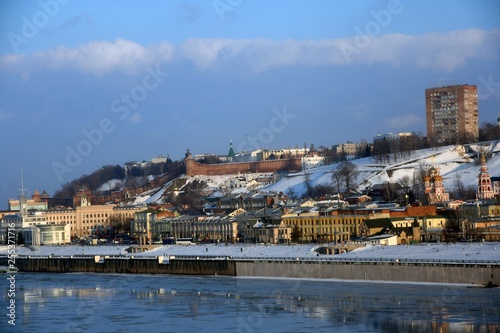 Kremlin in Nizhny Novgorod, Russia. The Volga river and Dyatlovy Hills. Winter scene. 