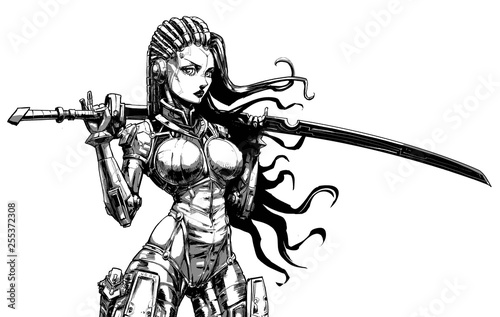 Beautiful cyborg girl with katana