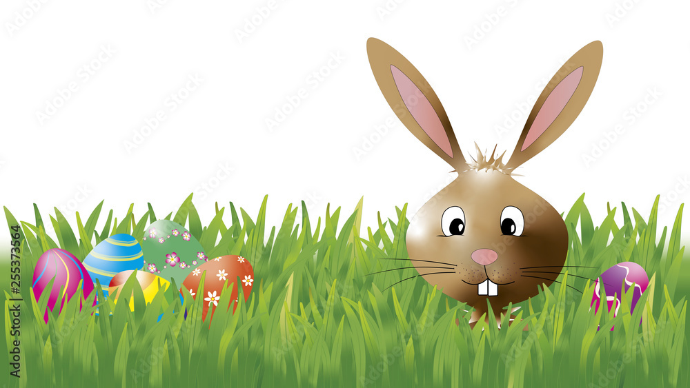Freche Osterkarte mit Hase und bemalten Eiern Freche Osterkarte mit Hase und bemalten Eiern