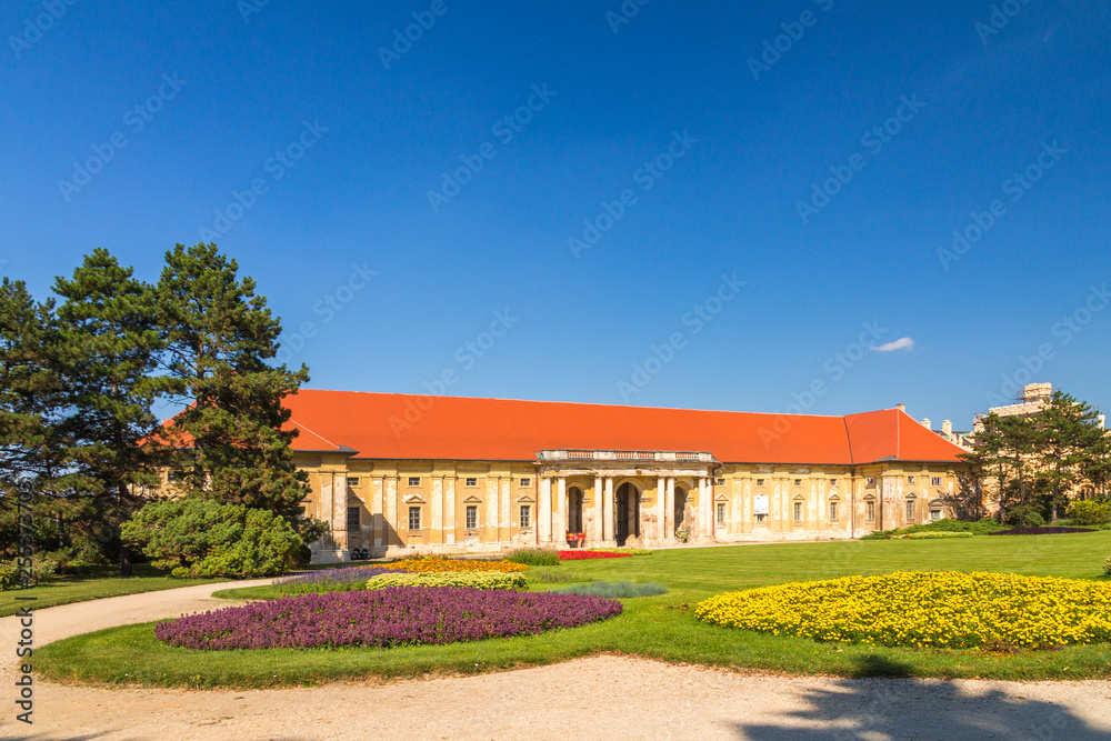 View of Lednice castle with a beautiful garden at sunny day, Czech Republic, Europe.