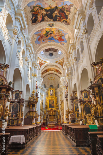 PRAGUE, CZECH REPUBLIC - OCTOBER 12, 2018: The baroque church kostel Svatého Tomáše with the frescoes by Václav Vavřinc Reiner (1689 - 1743).