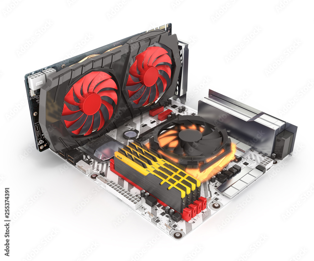 Simulation of CPU overheating Motherboard complete with RAM and video card  solated on white background 3d render Stock Illustration | Adobe Stock
