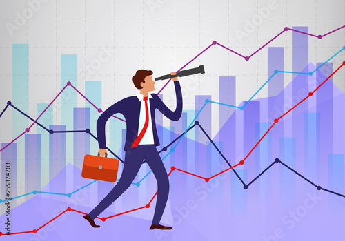 effectivemanager looks into telescope into distance trying to predict future. businessman on background of different schedules.Business vision concept.