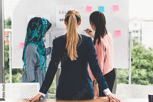 Multicultural working group. Team of businesswomen of different ethnicity, Caucasian, Asian and Arabic working together in team meeting at office. Multiethnic teamwork concept. photo